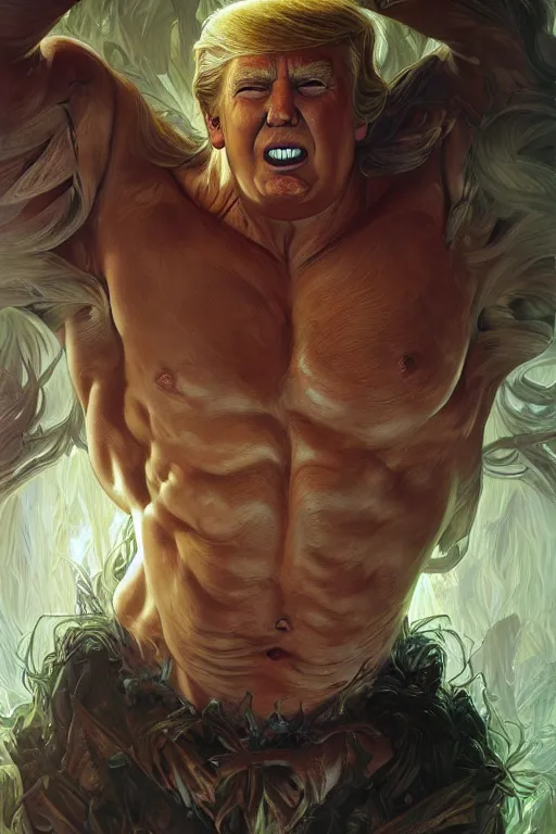 Image similar to portrait of donald trump as a hulking herculean demon, forest, godlike, full body, fantasy, intricate, elegant, highly detailed, digital painting, artstation, concept art, sharp focus, illustration, art by artgerm and greg rutkowski and alphonse mucha