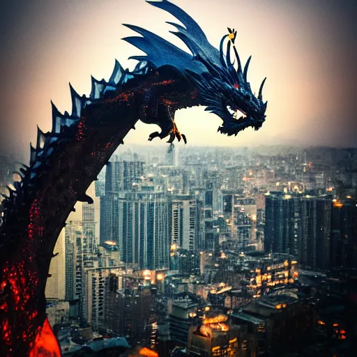 Prompt: photo of a fantasy dragon on top of a building, breathing fire to the city below, highly detailed, high quality, HD, 4k, 8k, Canon 300mm, professional photographer, 40mp, lifelike, top-rated, award winning, realistic, sharp, no blur, edited, corrected, trending