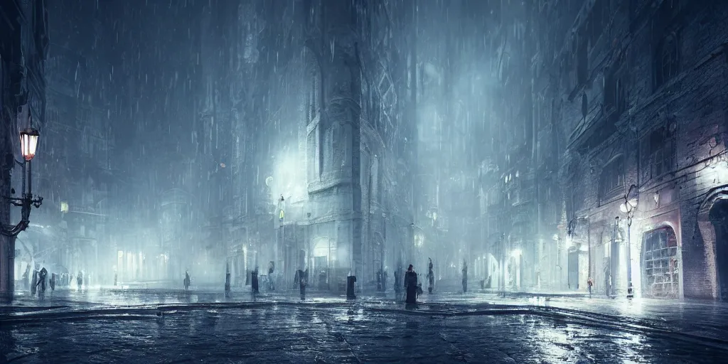 Image similar to a cold and melancholic city in a dark cavern, rainy and gloomy atmosphere, fantasy digital art, octane render, beautiful composition, trending on artstation, award - winning photograph, masterpiece