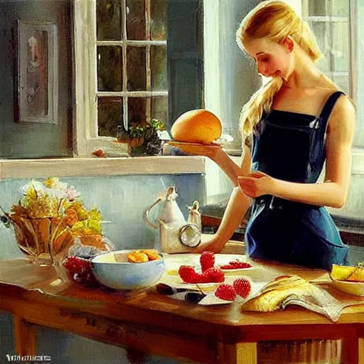 Image similar to Swedish blonde wife making breakfast to her husband, painting by Vladimir Volegov,