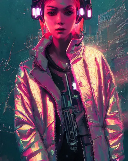 Image similar to detailed portrait Neon Operator Girl, cyberpunk futuristic neon, reflective puffy coat, decorated with traditional Japanese ornaments by Ismail inceoglu dragan bibin hans thoma greg rutkowski Alexandros Pyromallis Nekro Rene Maritte Illustrated, Perfect face, fine details, realistic shaded, fine-face, pretty face