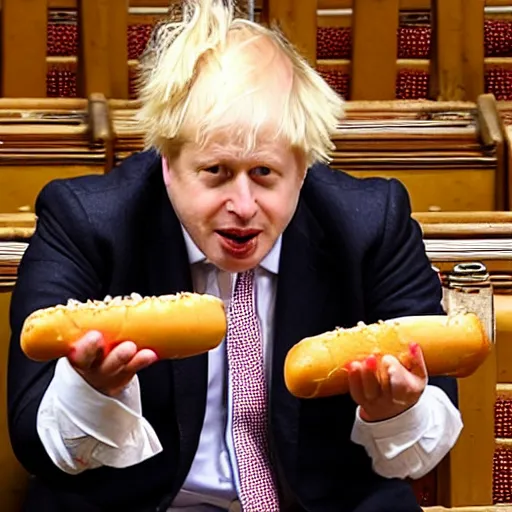 Prompt: Boris Johnson messily eating a hotdog in the house of commons