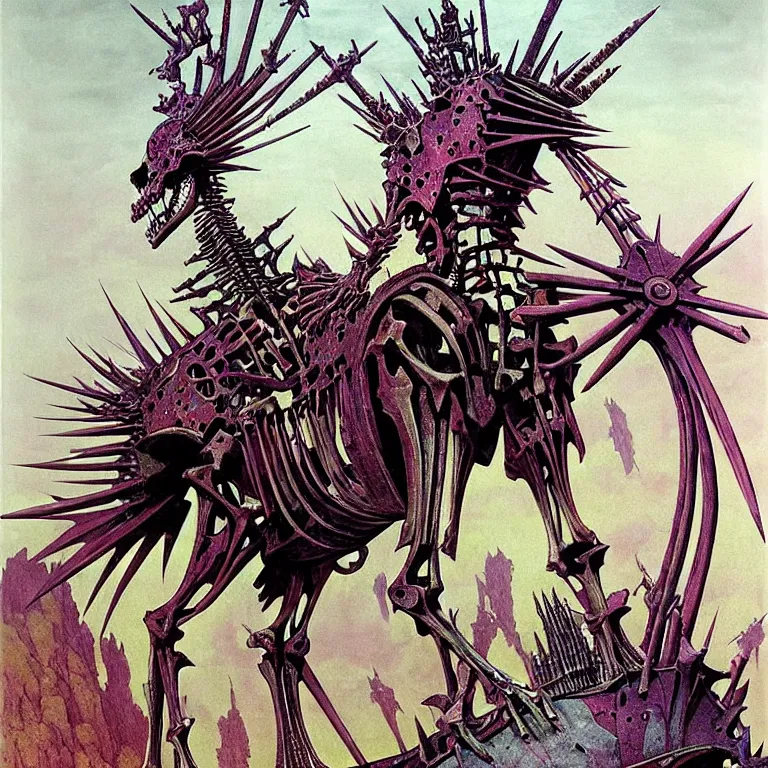 Prompt: A little colorful and vibrant. A spiked detailed horse skeleton with armored joints stands in a large cavernous throne room with halberd in hand. Massive shoulderplates. Extremely high details, realistic, fantasy art, solo, masterpiece, bones, ripped flesh, art by Zdzisław Beksiński, Arthur Rackham, Dariusz Zawadzki, Harry Clarke