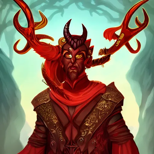 Prompt: dnd portrait of a tiefling, male, red scales, a big black beard, completely golden eyes, 2 curved horns growing out of his forehead,