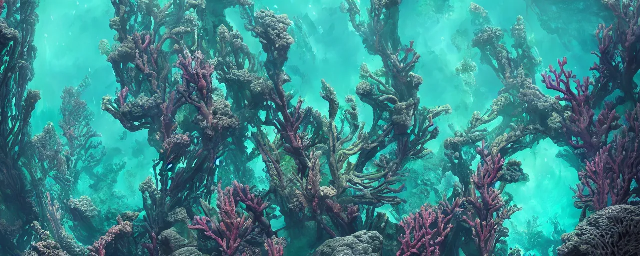 Image similar to alien underwater coral reef, lush alien underwater pillars, Christian Cline, Alex Ries, digital art