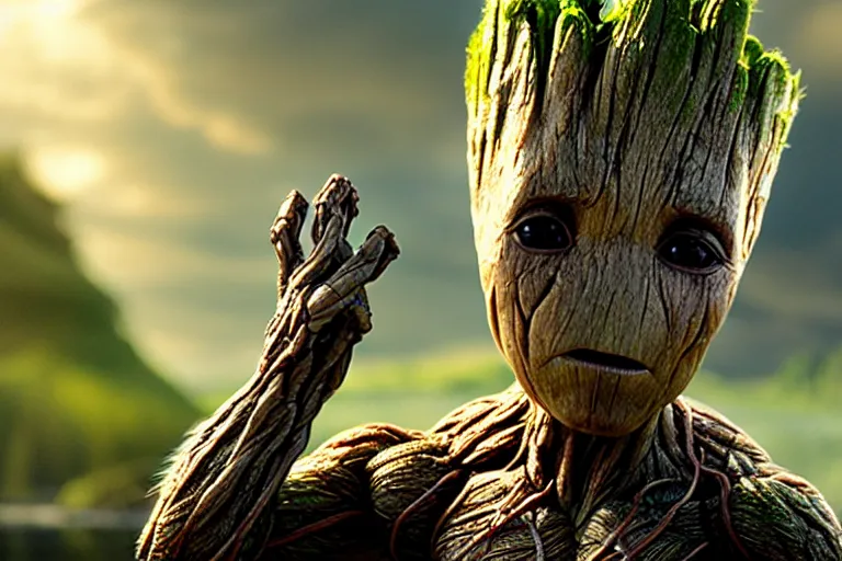 Prompt: an ultra realistic, cinematic headshot portrait, of baby groot, background of a vast serene landscape, with trees and rivers, detailed, deep focus, movie still, dramatic lighting, ray tracing, by michal karcz and yoshitaka amano