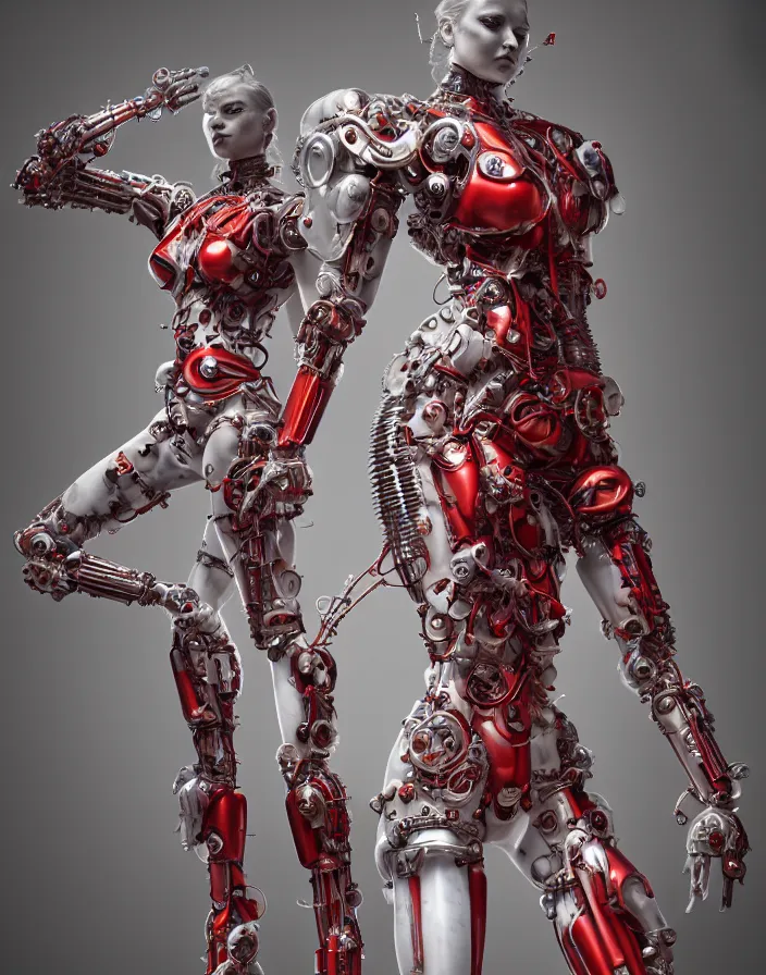 Image similar to portrait, antique marble statue, super hero pose, red white biomechanical dress, inflateble shapes, wearing epic bionic cyborg implants, masterpiece, intricate, biopunk futuristic wardrobe, highly detailed, art by akira, mike mignola, artstation, concept art, background galaxy, cyberpunk, octane render