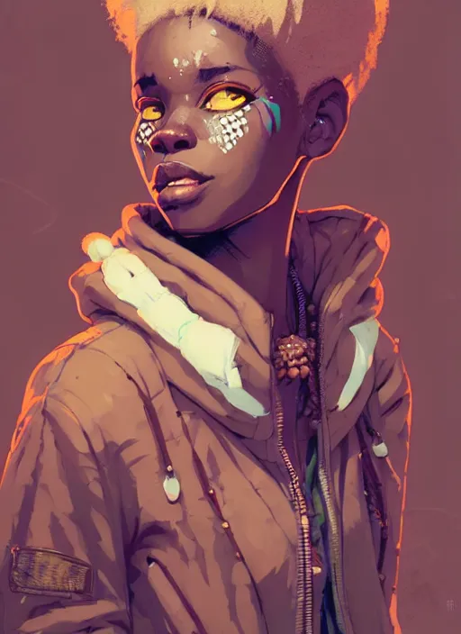 Image similar to highly detailed portrait of a sewer punk african lady, tartan hoody, white afro hair by atey ghailan, by greg rutkowski, by greg tocchini, by james gilleard, by joe fenton, by kaethe butcher, gradient peach, brown, blonde cream and white color scheme, grunge aesthetic!!! ( ( graffiti tag wall background ) )