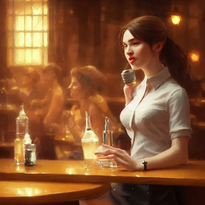 Image similar to a waitress singing on a table in a bar, elegant, real life skin, intricate artwork, high detailed, artstation, concept art, smooth, sharp focus, art by artgerm and greg rutkowski