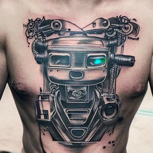 Image similar to chest tattoo of a maintenance slap in the skin with a shiny chrome robot mechanic with glowing steampunk tubes inside under the skin, insanely integrate,