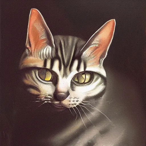 Prompt: Oil painting of a creepy looking cat, from Pet Sematary, Trending on artstation, 8k quality, digital art, by Johannes Vermeer
