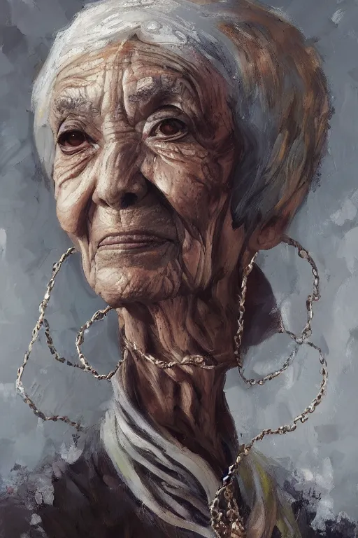Prompt: palette knife oil painting portrait of ariadne, a mysterious spiritual guide who is a chain smoking old lady in an ashen trench coat. ghost. extreme detail, any racial background, artstation trending, artgerm, deviant art, octane, substance, art history 8 k