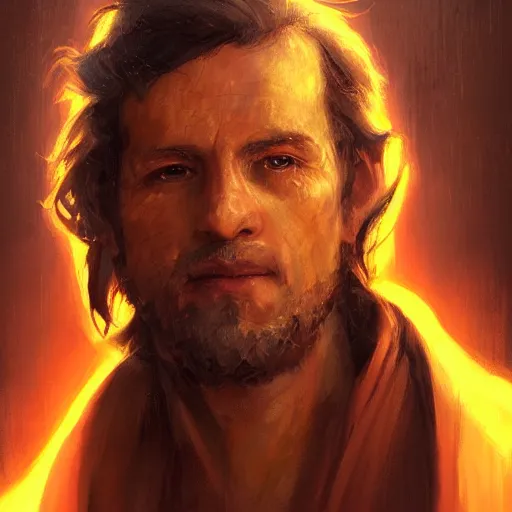 Image similar to portrait of a man by greg rutkowski, jedi master, arabian features, messy long black hair, wearing orange jedi robes, star wars expanded universe, he is about 6 0 years old, highly detailed portrait, digital painting, artstation, concept art, smooth, sharp foccus ilustration, artstation hq