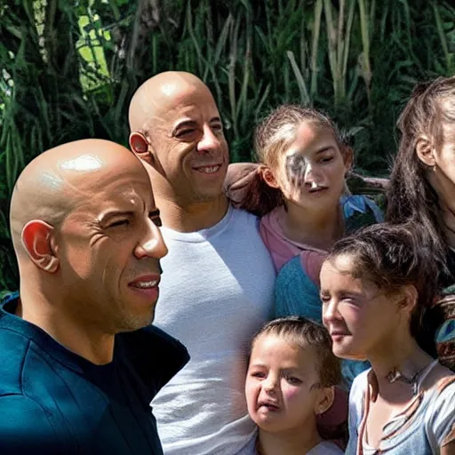 Image similar to closeup photo of vin diesel and his wife and 6 children, sunny day, village house, pastoral, happy, very high detail of faces, cinematic, art by jan urschel and neil blevins