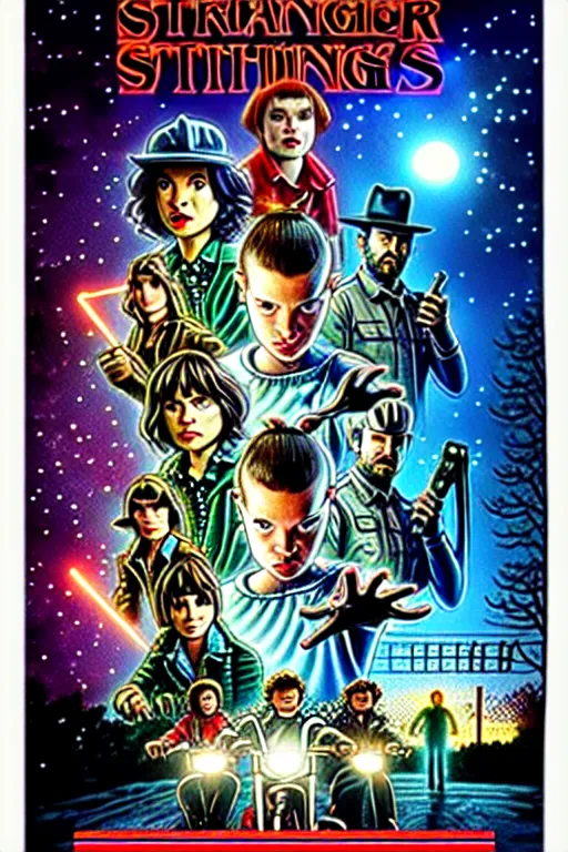 Image similar to Stranger Things poster by Matt Groening, high resolution, hyper detailed, intricate, illustrated, all cast members !n-9