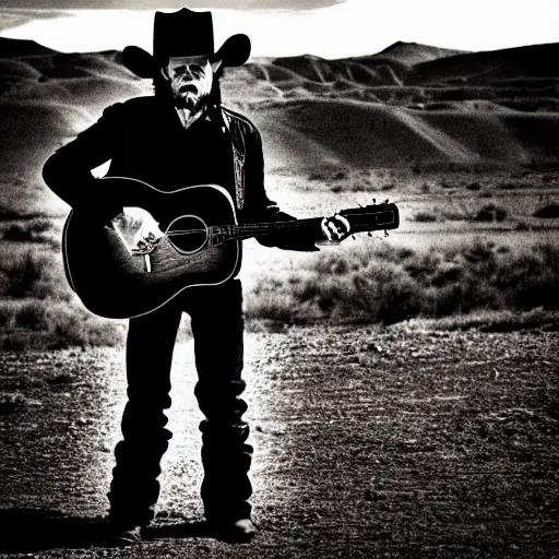 Prompt: western gunslinger, man in black, cowboy hat, guitar, westworld, sunset, ghost town