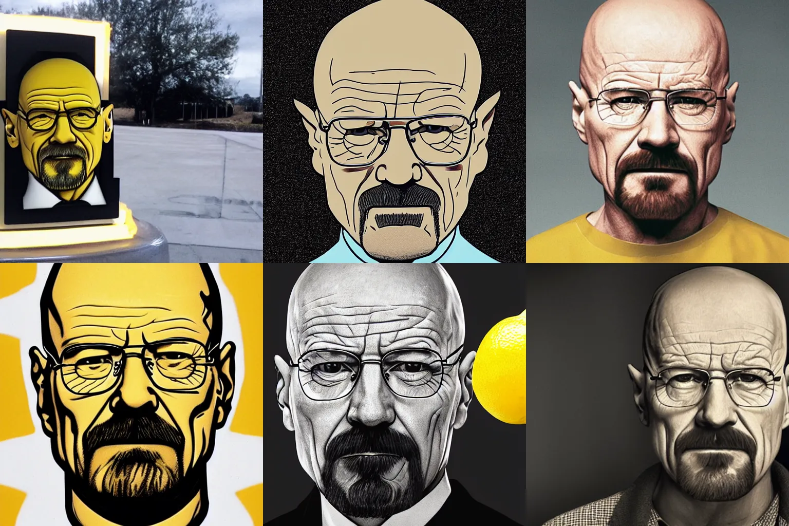 Prompt: the face of walter white shown on a lemon