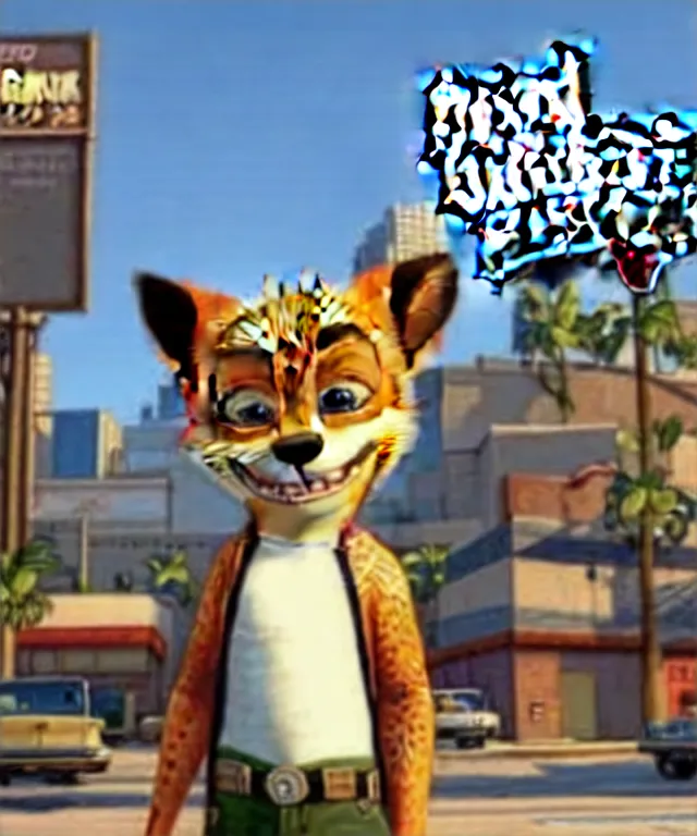 Image similar to Grand Theft Auto: San Andreas loading screen featuring Nick Wilde (from Zootopia)