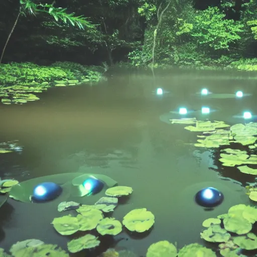 Prompt: photo of 3 glowing orbs floating above the water in a pond surrounded by a lush jungle