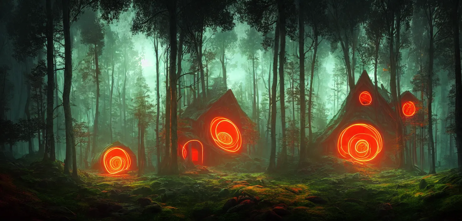 Image similar to random scary forest house landscape, round glowing multicoloured neon portal, central symmetrical composition, incredible, vector art, octane render, fabulous, hyper detailed, random cinematic view, no noise, global illumination, warm lighting, volumetric, godrays, vivid, beautiful, by jordan grimmer