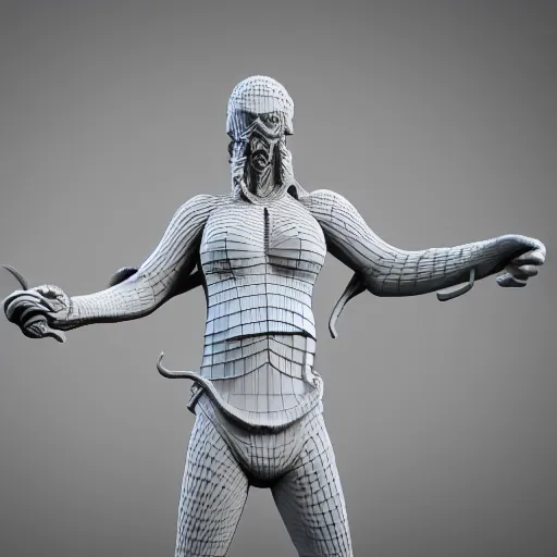 Image similar to 3 d render of a sculpture of a pirate full of tentacles, no colors, white and black, plastic, 4 k, 8 k, hd,