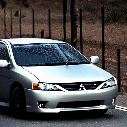 Prompt: “a silver Mitsubishi Lancer rolling down a road at night after an accident, shattered windscreen”