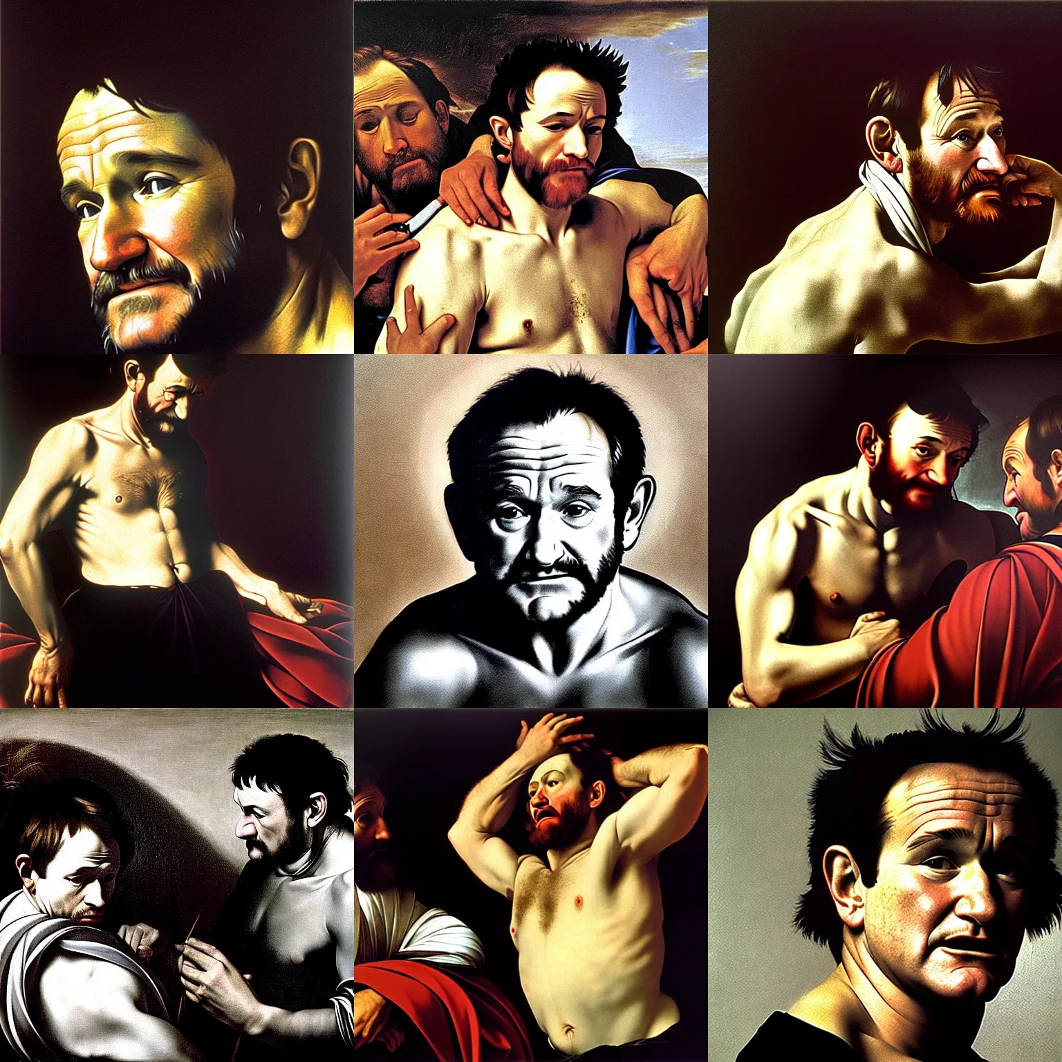 Prompt: a caravaggio artwork film still of robin williams, artwork by caravaggio