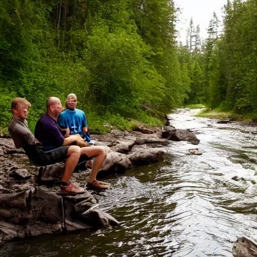 Image similar to two men sitting in a small damn on a river with a forest in the background