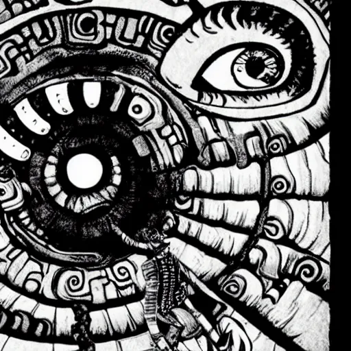 Image similar to uzumaki :: studio ghibli :: junji ito :: shadow of the colossus :: mayan :: hysterical joy