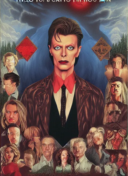 Image similar to twin peaks poster art, portrait of david bowie cursed himself in order to find the secrets of the black lodge, by michael whelan, rossetti bouguereau, artgerm, retro, nostalgic, old fashioned