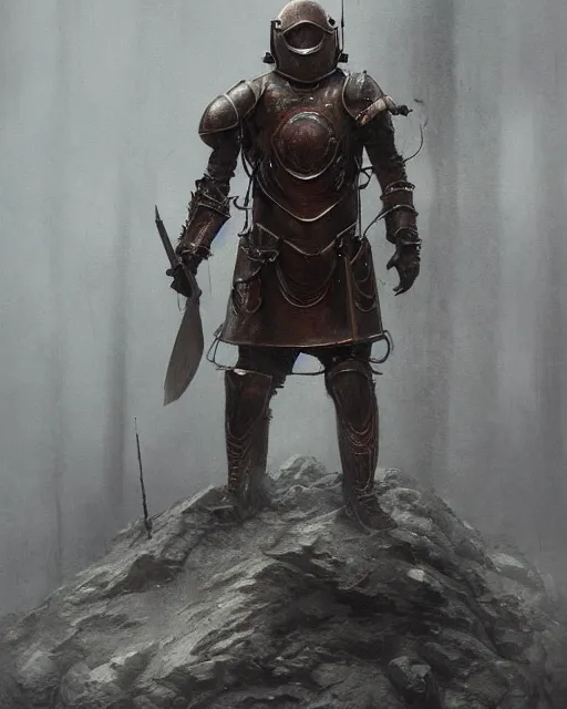 Image similar to Hyper realistic painting of an empty suit of rusty medieval full plate armour, dark fantasy, fantasy armor, hyper detailed, by greg rutkowski, surrounded by dark fog, trending on artstation