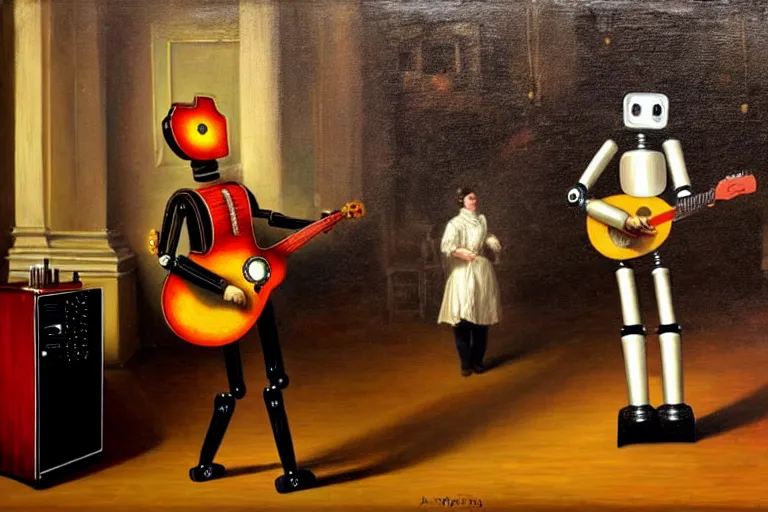 Image similar to a guitar player as a robot performing for a crowd in victorian era london, painting