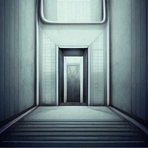 Image similar to “the inside of a huge white building with with many doors and stairs, confusing, clean geometric shapes, creepy, doors, strange dimensions, anime style, detailed background, horror anime”