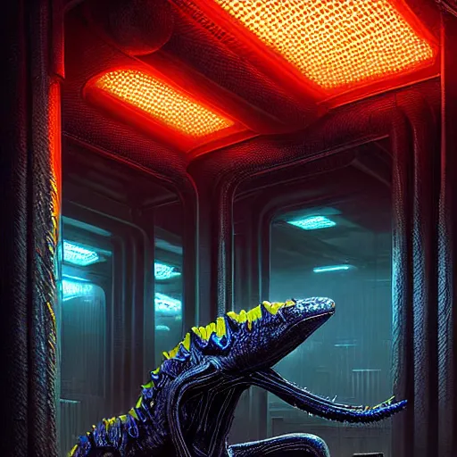 Image similar to menacing aggressive fast engineered black slimy creature made out of needles, inside a gas station, aggressive harsh bright fluorescent industrial blue lighting, extremely detailed digital matte painting by Greg Rutkowski and H.R. Giger