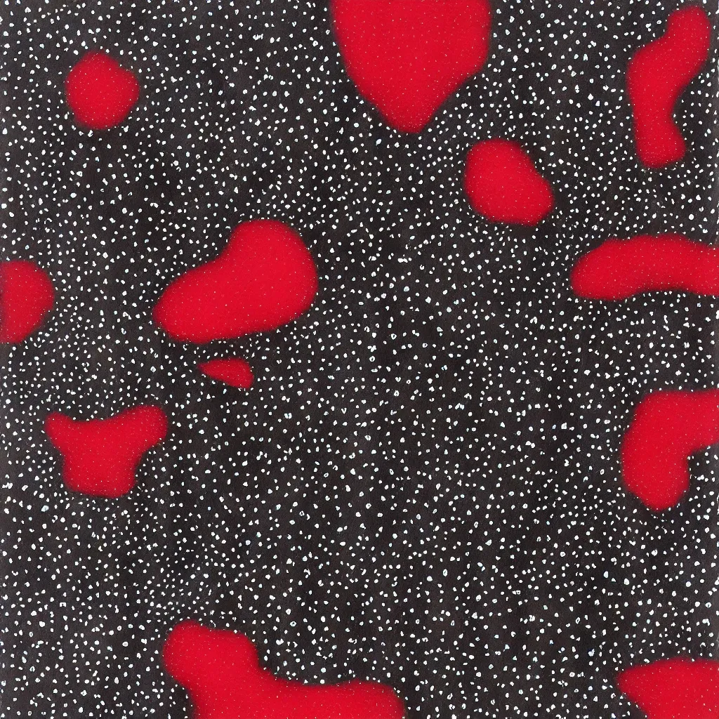 Prompt: camo made of teeth, smiling, abstract, rei kawakubo artwork, cryptic, dots, stipple, lines, splotch, color tearing, pitch bending, color splotches, hearts, dark, ominous, eerie, minimal, points, strawberries, technical, old painting