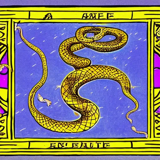 Image similar to a snake biting itself in the center of a tarot card with intricate details in the frames, symmetry, golden ratio, arab letters, colors: yellow, blue, violet, red, green, 4k, high quality render.