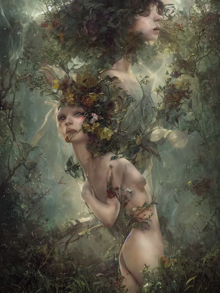 Image similar to a solarpunk very very very beautiful lush landscape of a the most beautiful nymph in a field are of broken stone words, hyperrealistic, award-winning, masterpiece, in the style of Tom Bagshaw, Cedric Peyravernay, Peter Mohrbacher