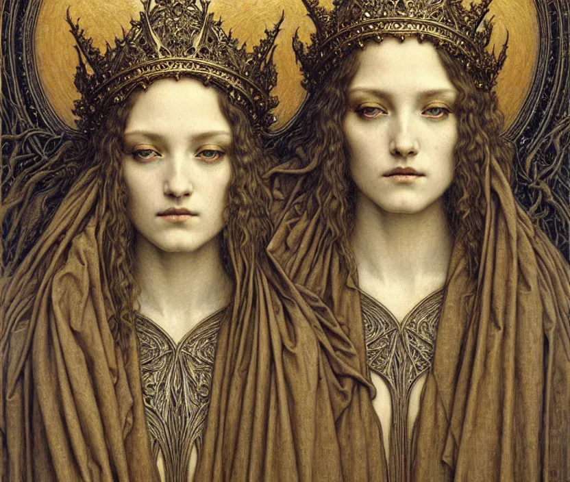 Image similar to detailed realistic beautiful young medieval queen face portrait by jean delville, gustave dore and marco mazzoni, art nouveau, symbolist, visionary, gothic, pre - raphaelite. horizontal symmetry