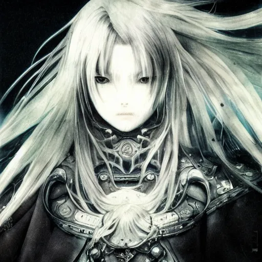 Image similar to yoshitaka amano blurred and dreamy illustration of an anime girl with pirate eye patch, wavy white hair and cracks on her face wearing elden ring armour with the cape fluttering in the wind, abstract black and white patterns on the background, noisy film grain effect, highly detailed, renaissance oil painting, weird portrait angle