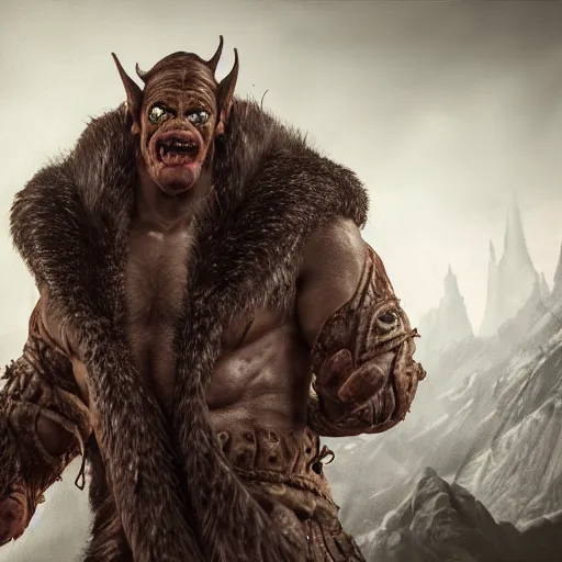 Image similar to A full body shot of a handsome orc looking into the camera wearing a leather fur jacket and boots, full body shot, detailed face, artstation, realistic, highly detailed, symmetrical, hyper realism, dynamic pose, high detail, octane render, unreal engine, 8k, fantasy art, highly detailed, concept art