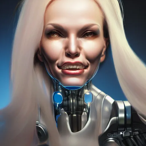 Prompt: portrait of a heavily cybernetically enhanced woman smiling with a glowing eye, hajime sorayama, 4 k, artstation, expressive