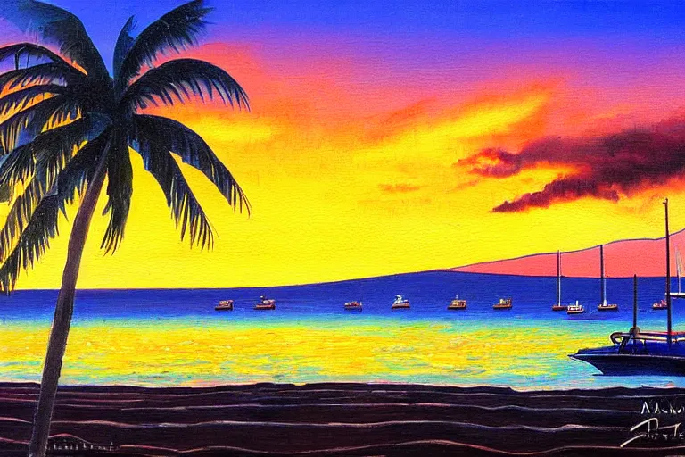 Prompt: Lahaina Maui harbor, sunset with palms, by Miyazaki, oil painting