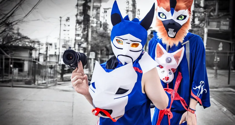 Prompt: Haikyuu Tendou Satori wearing mirrors-edge style clothes and a blue kitsune mask. DSLR Camera with a large sensor. Soft lighting and shadows. F/2.8 or f/4. ISO 1600. Shutter speed 1/60 sec. Lightroom.