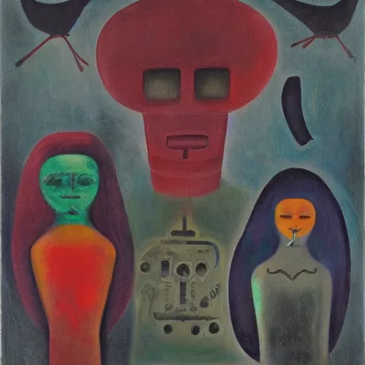 Prompt: Oil painting by Rufino Tamayo. Mechanical gods with bird faces kissing. Oil painting by Lisa Yuskavage.