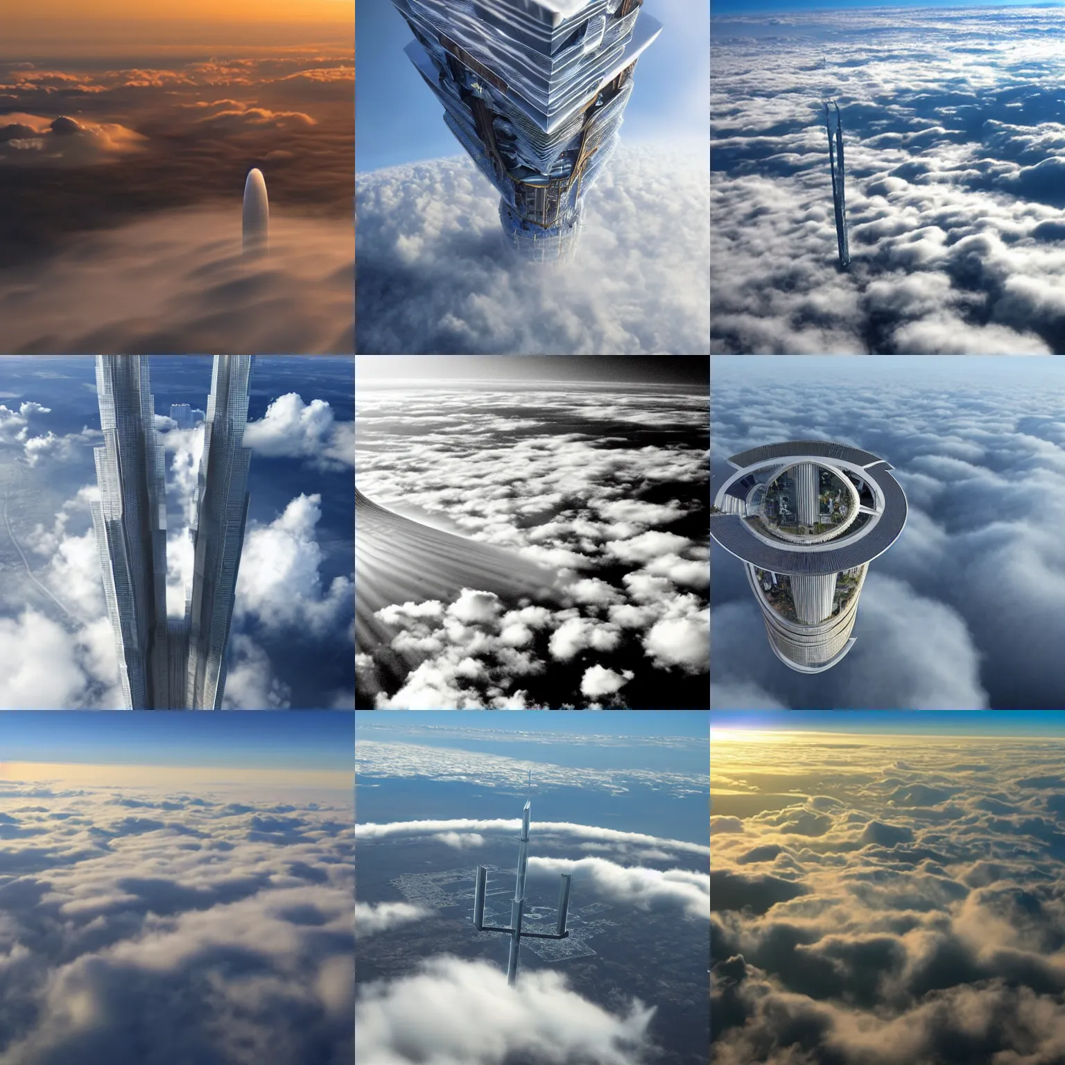 Prompt: View from above the clouds. Megastructure tower arcology piercing through dense clouds into the sunny stratosphere.