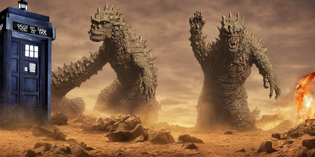 Prompt: doctor who tardis meets godzilla in ancient egypt in 2 0 0 bc