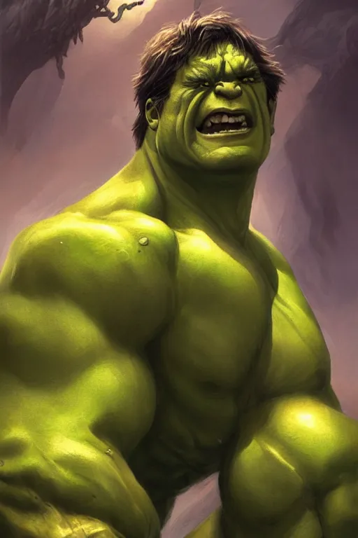 Image similar to a full body high detail fantasy portrait oil painting illustration of hulk by justin sweet with face and body clearly visible, in a scenic background, pretty eyes, realistic proportions, d & d, rpg, forgotten realms, artstation trending, high quality, sombre mood, artstation trending, muted colours, entire person visible!