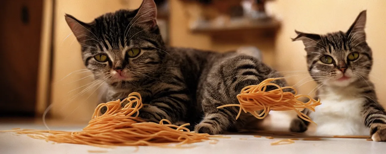 Image similar to 1 single cat playing with spaghetti in an apartment, small details, intricate, sharply focused, canon 5 0 mm, wes anderson film, kodachrome