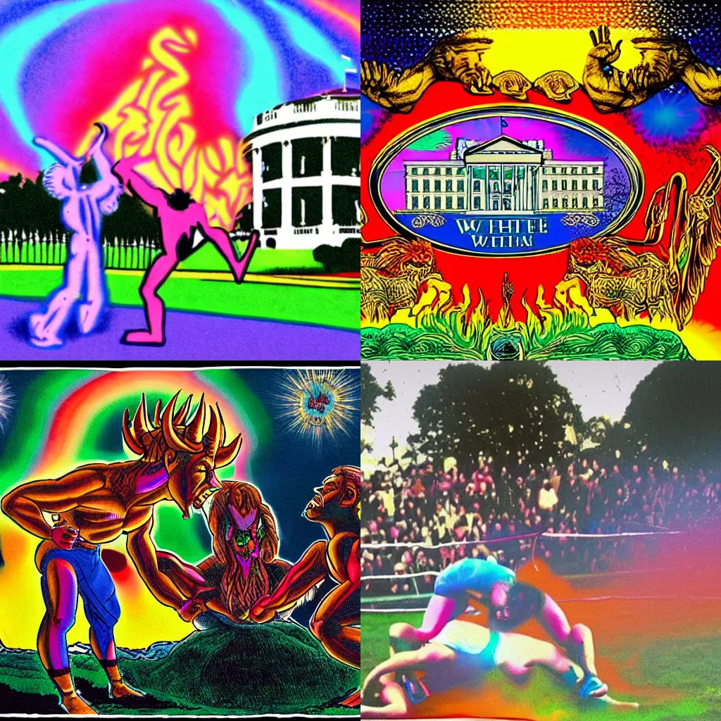 Prompt: a wrestling match between god and satan taking place on the white house lawn, psychedelic colors, hazy