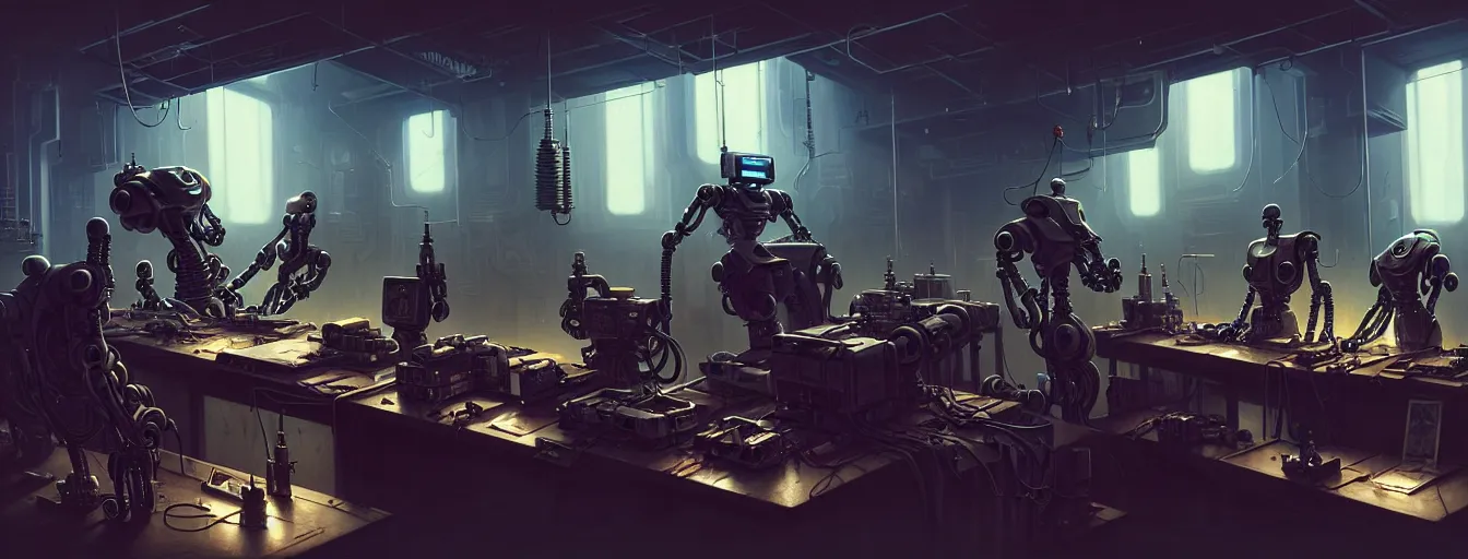 Prompt: robot repair workshop, blade runner artifacts, cyberpunk tech, ultrarealistic, futuristic, three point lighting, dramatic lighting, electrical details, high details, 4 k, 8 k, best, accurate, trending on artstation, photorealism, digital painting, style of peter mohrbacher, caravaggio, vitaly bulgarov